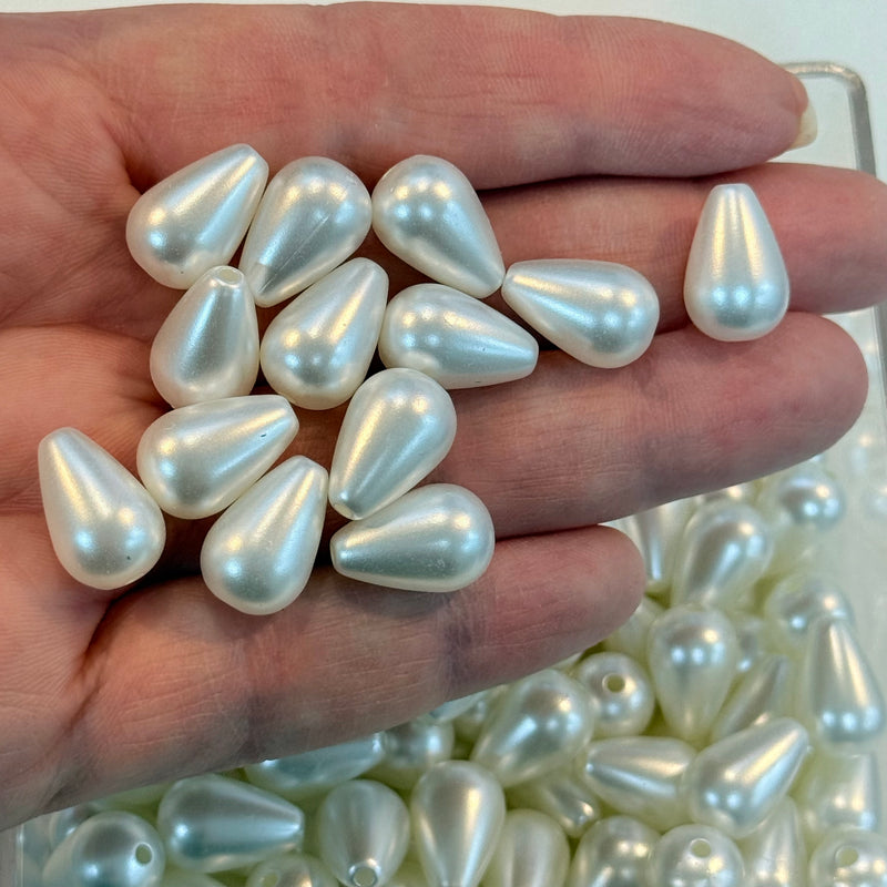 Ivory Color Acrylic Drop Pearl 14.6x9.7mm Beads with 1.5mm Hole, 50 Gr Pack-74 Beads