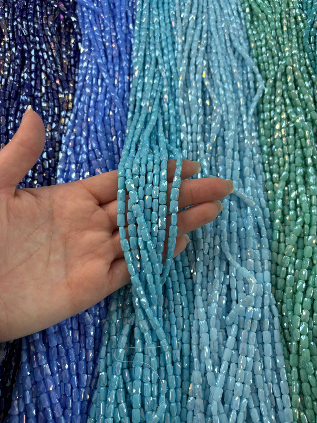 Faceted Baguette Crystal Glass Beads – Cornflower Blue AB, 7x4.5x3.5mm, Approx. 78–80 Beads, 54.5cm / 21.5" Strand