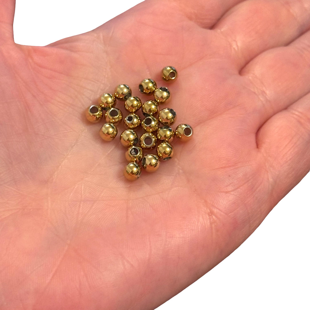 Waterproof 24Kt PVD Gold Plated 5mm Stainless Steel Spacer Balls, 10pcs