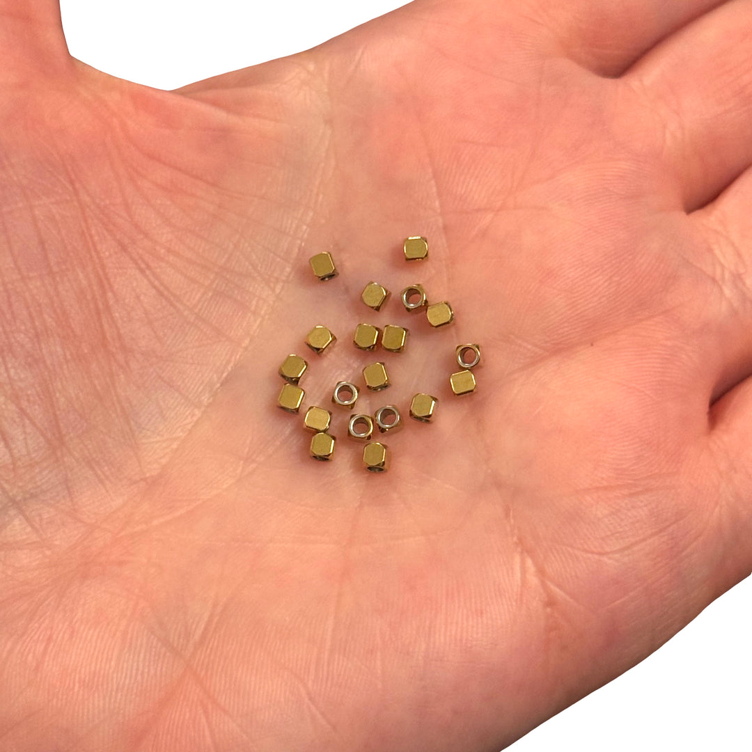 Waterproof 24Kt PVD Gold Plated 2.5mm Cube Stainless Steel Spacer Beads, 10pcs