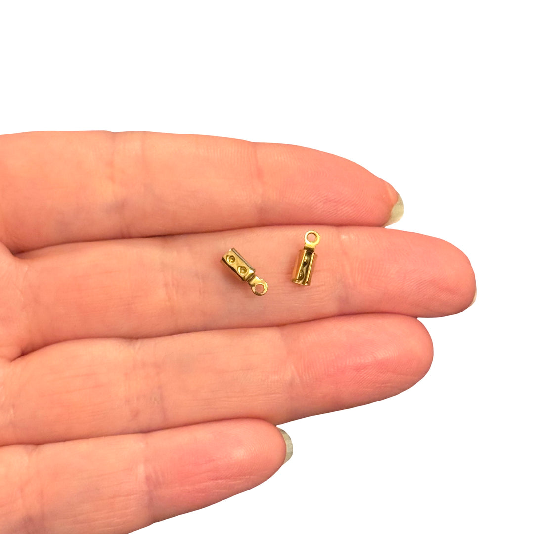 Waterproof 24Kt PVD Gold Plated Rounded Stainless Steel Cord Ends – 3x5mm, 1mm Loop Hole, 1 Pair