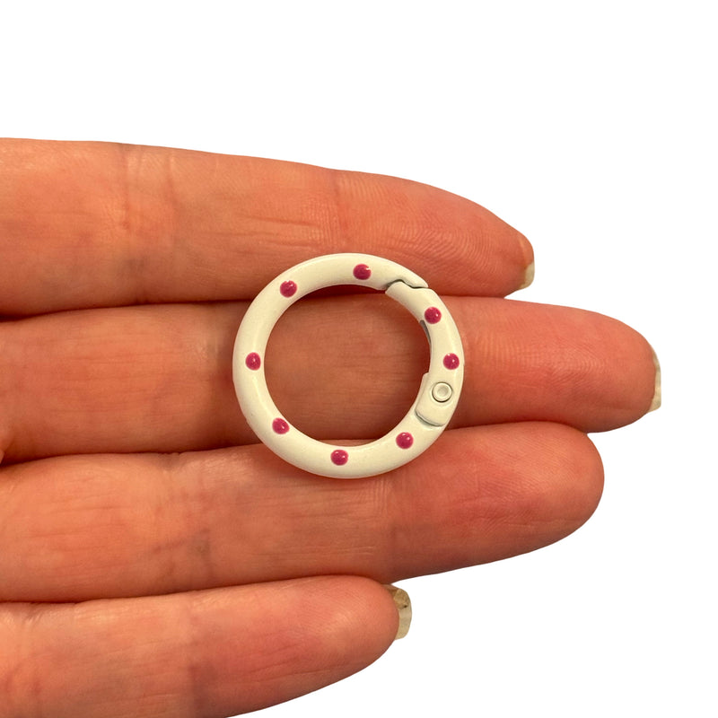 White Enamel Keychain Clip & Bag Charm Clip with Pink Dots – 25mm