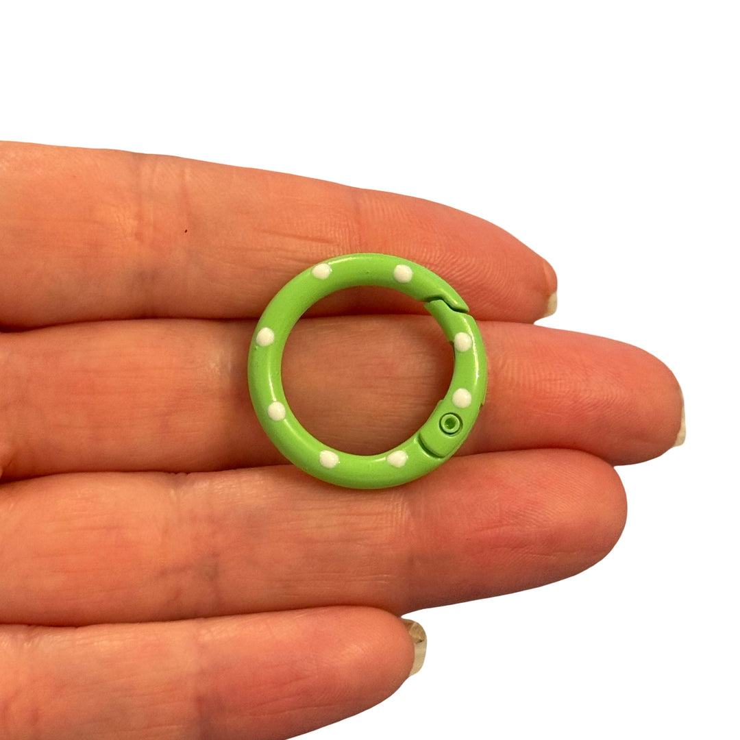 Green Enamel Keychain Clip &amp; Bag Charm Clip with White Dots – 25mm