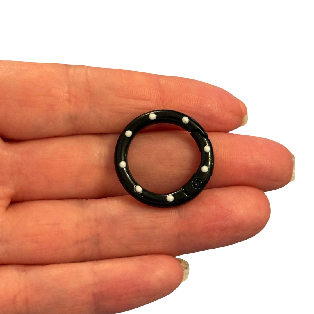 Black Enamel Keychain Clip &amp; Bag Charm Clip with White Dots – 25mm