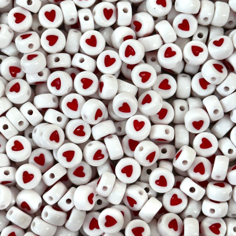 Acrylic flat round 7mm white beads with heart for jewellery making, 50 gr pack
