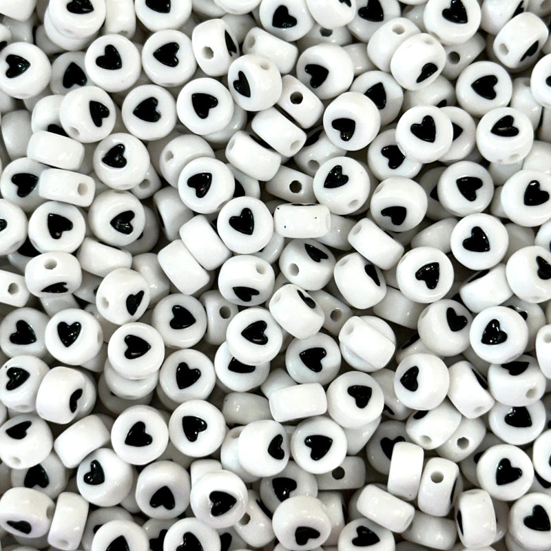 Acrylic flat round 7mm white beads with heart for jewellery making, 50 gr pack