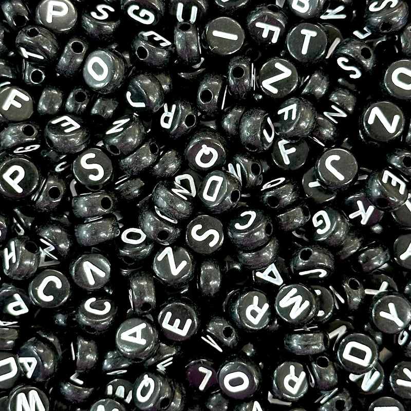 Acrylic flat round black with white letters beads for jewellery making,500 pcs pack