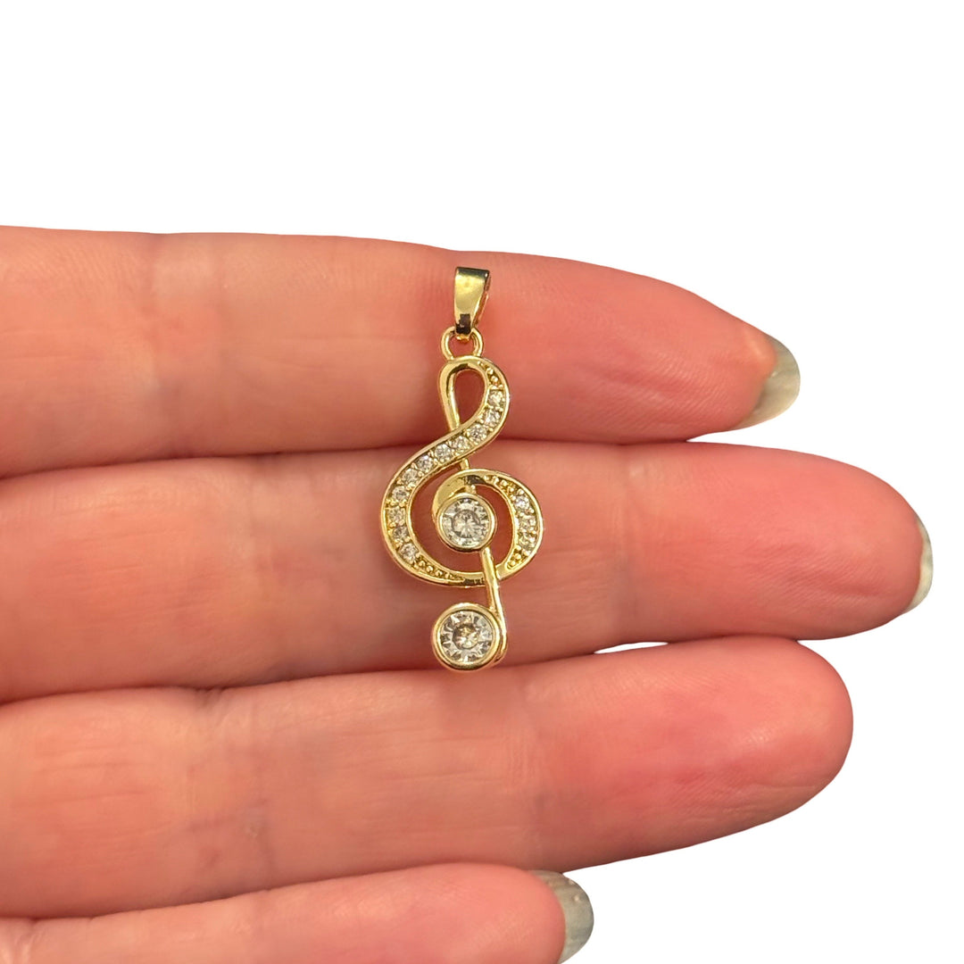 24Kt Gold Plated CZ Treble Clef Charm – Music Note Pendant, Cubic Zirconia Musical Charm
