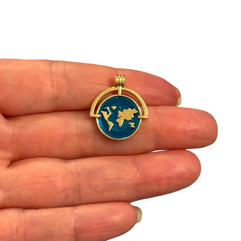 24Kt Gold Plated Globe Enamel Pendant – Brass Earth Charm (Double-Sided)