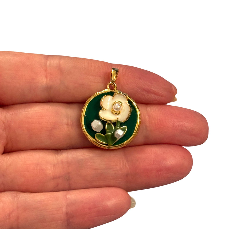 24Kt Gold Plated Enamel Floral Medallion Pendant – Brass Charm