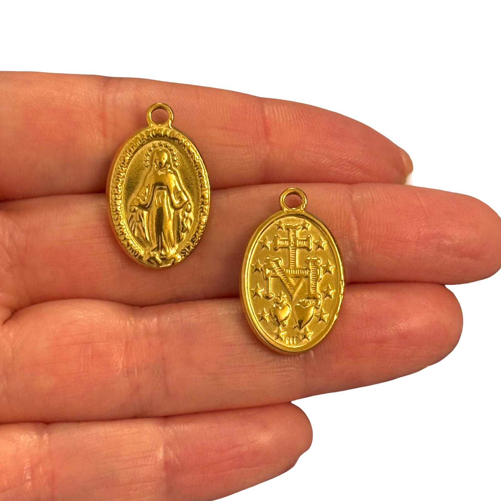 Waterproof Stainless Steel 24Kt Gold Plated Miraculous Medal Charm – 24x15mm Double-Sided