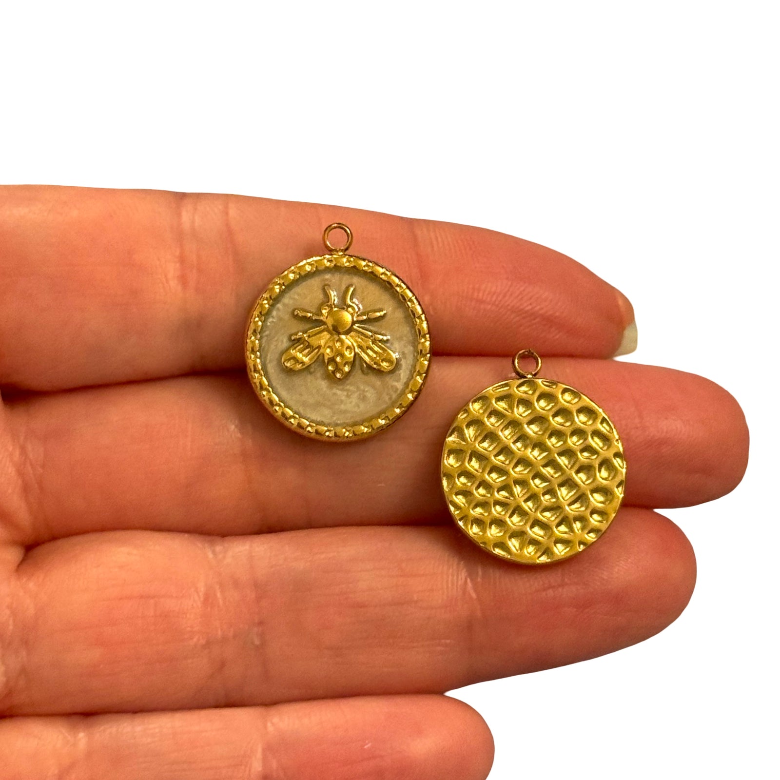 Waterproof Stainless Steel 24Kt Gold Plated Bee Medallion Charm with Ivory Enamel