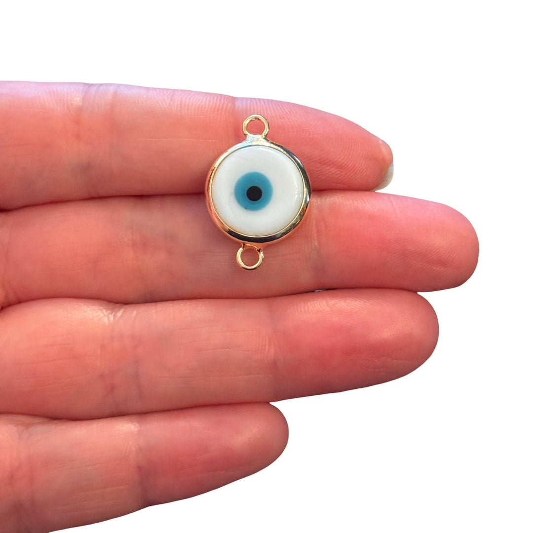 Handmade White Murano Glass Evil Eye Connector Charm – 24Kt Gold Plated Double Loop Nazar Link, Round Glass Connector