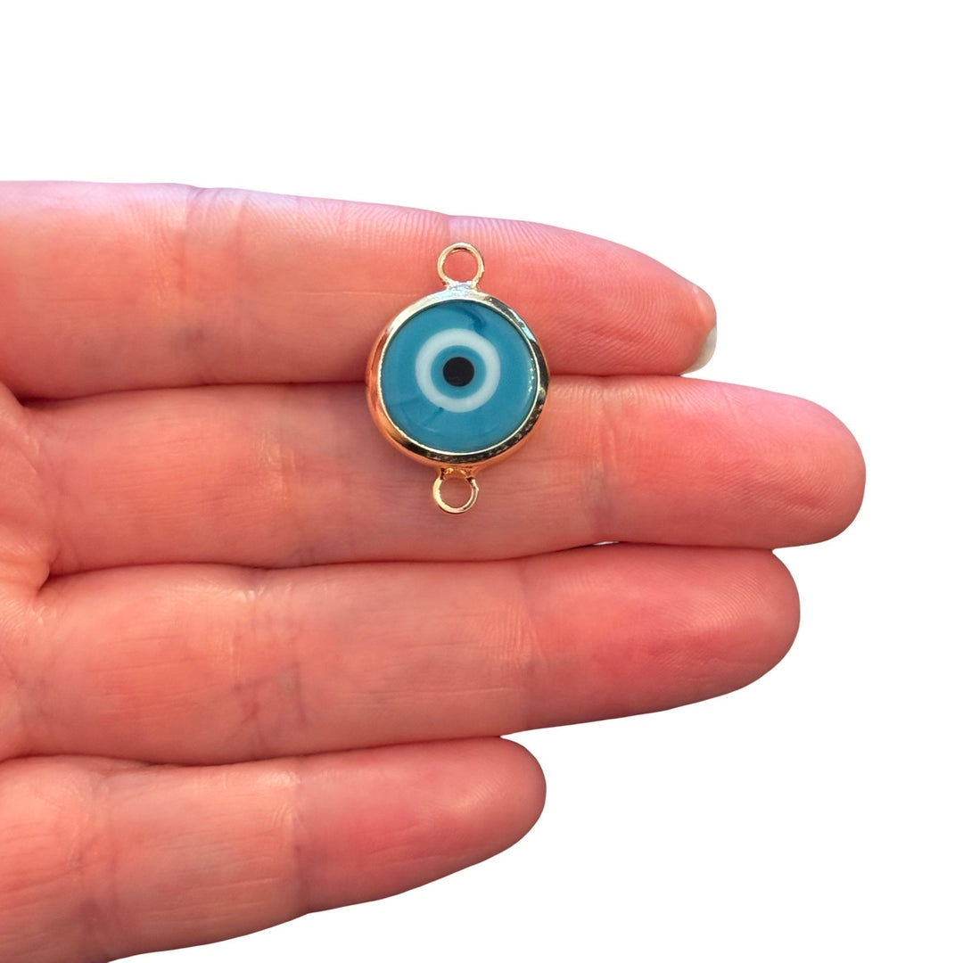 Handmade Turquoise Murano Glass Evil Eye Connector Charm – 24Kt Gold Plated Double Loop Nazar Link, Round Glass Connector