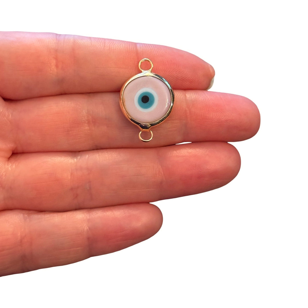 Handmade Blush Pink Murano Glass Evil Eye Connector Charm – 24Kt Gold Plated Double Loop Nazar Link, Round Glass Connector