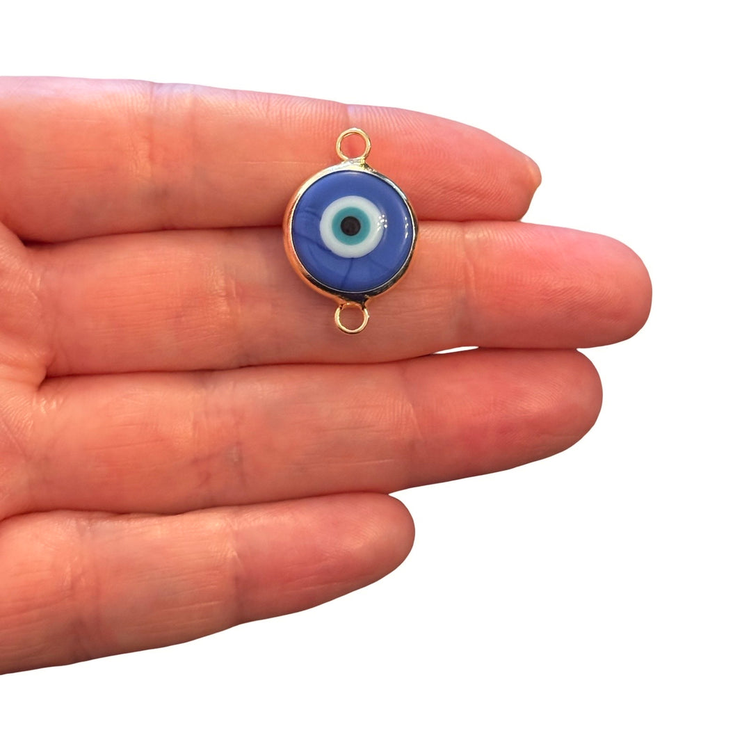 Handmade Agate Blue Murano Glass Evil Eye Connector Charm – 24Kt Gold Plated Double Loop Nazar Link, Round Glass Connector