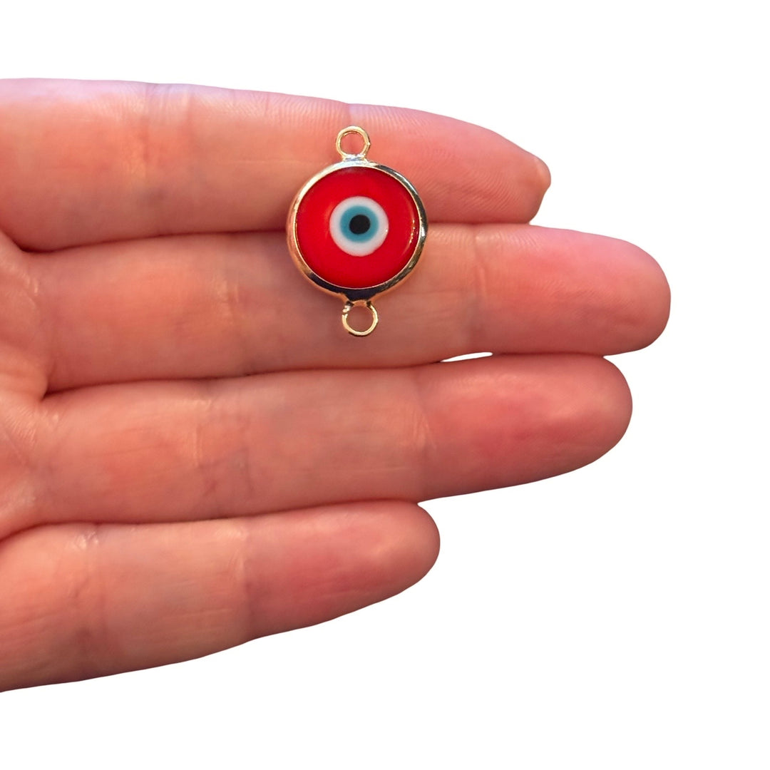 Handmade Red Murano Glass Evil Eye Connector Charm – 24Kt Gold Plated Double Loop Nazar Link, Round Glass Connector