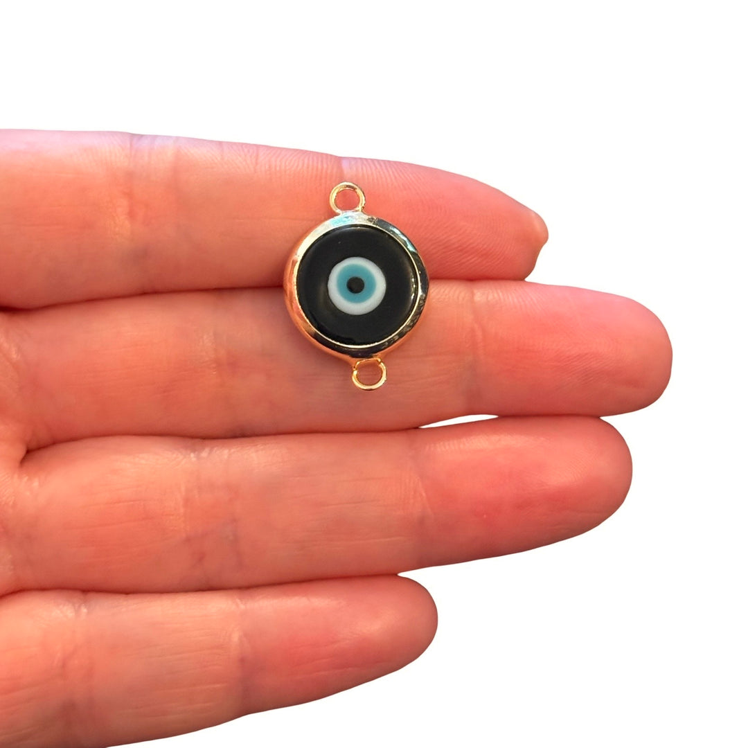 Handmade Black Murano Glass Evil Eye Connector Charm – 24Kt Gold Plated Double Loop Nazar Link, Round Glass Connector