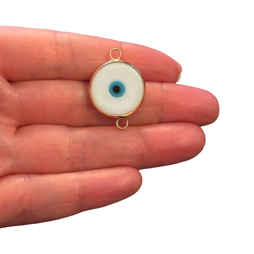 Handmade White Murano Glass Evil Eye Connector Charm – 24Kt Gold Plated Double Loop Nazar Link, Round Glass Connector