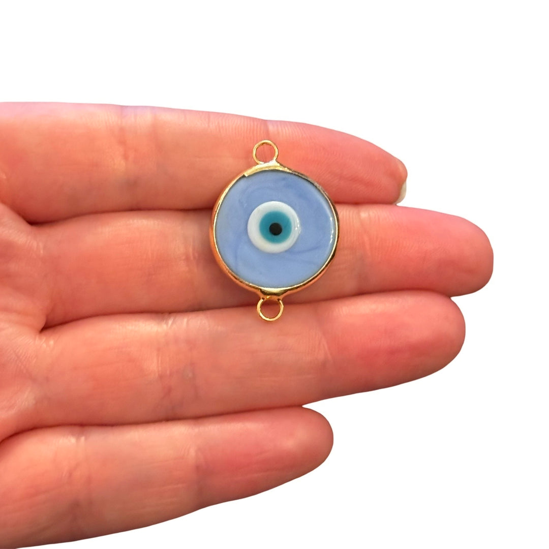 Handmade Periwinkle Murano Glass Evil Eye Connector Charm – 24Kt Gold Plated Double Loop Nazar Link, Large Round Glass Connector