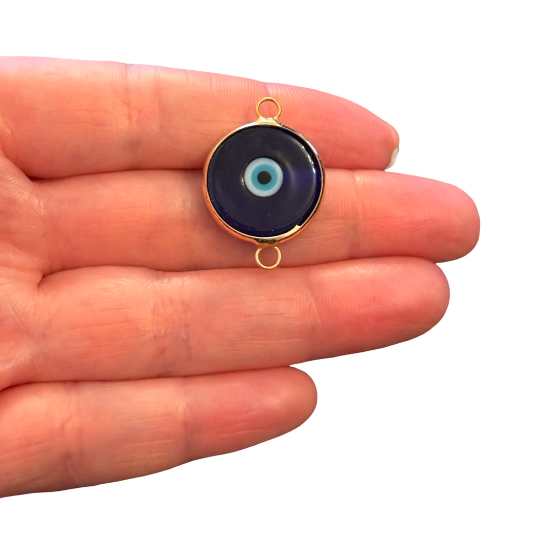 Handmade Navy Blue Murano Glass Evil Eye Connector Charm – 24Kt Gold Plated Double Loop Nazar Link, Large Round Glass Connector