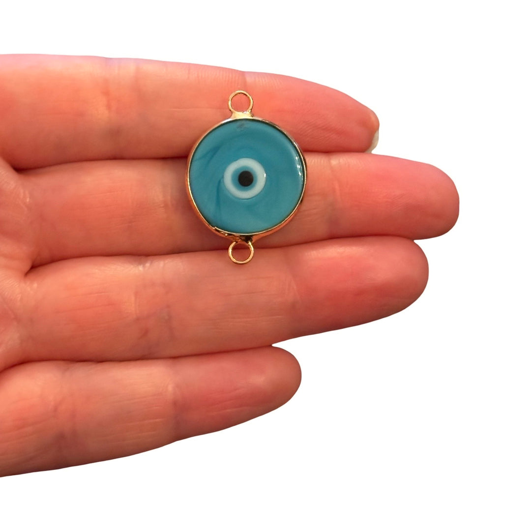 Handmade Turquoise Murano Glass Evil Eye Connector Charm – 24Kt Gold Plated Double Loop Nazar Link, Large Round Glass Connector