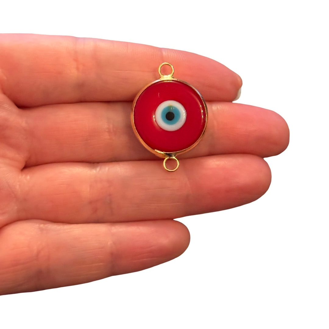 Handmade Red Murano Glass Evil Eye Connector Charm – 24Kt Gold Plated Double Loop Nazar Link, Large Round Glass Connector