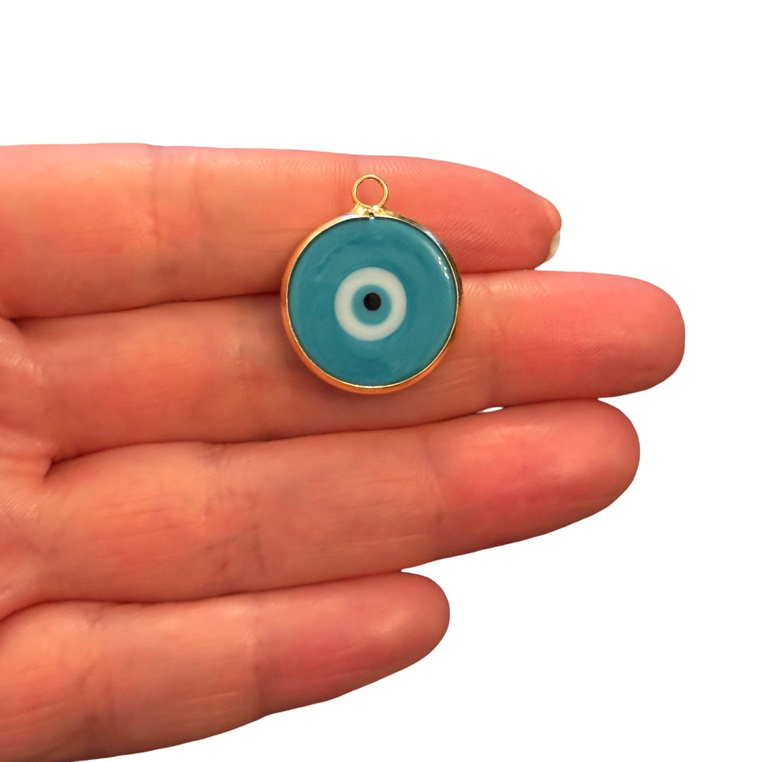 Handmade Turquoise Murano Glass Evil Eye Pendant – 24Kt Gold Plated Nazar Charm, Large Round Glass Pendant