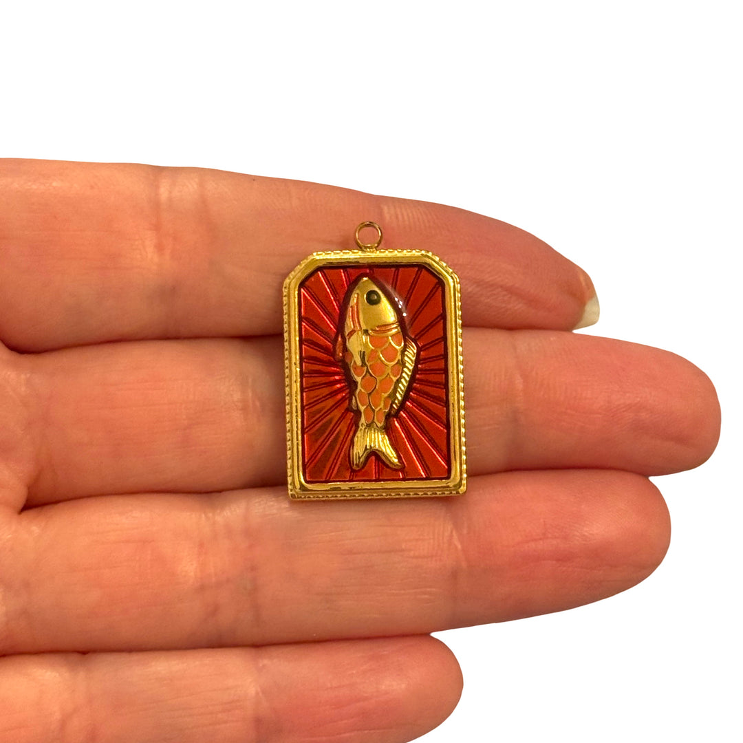 Waterproof Stainless Steel 24Kt Gold Plated Red Enamel Koi Fish Pendant – Lucky Charm