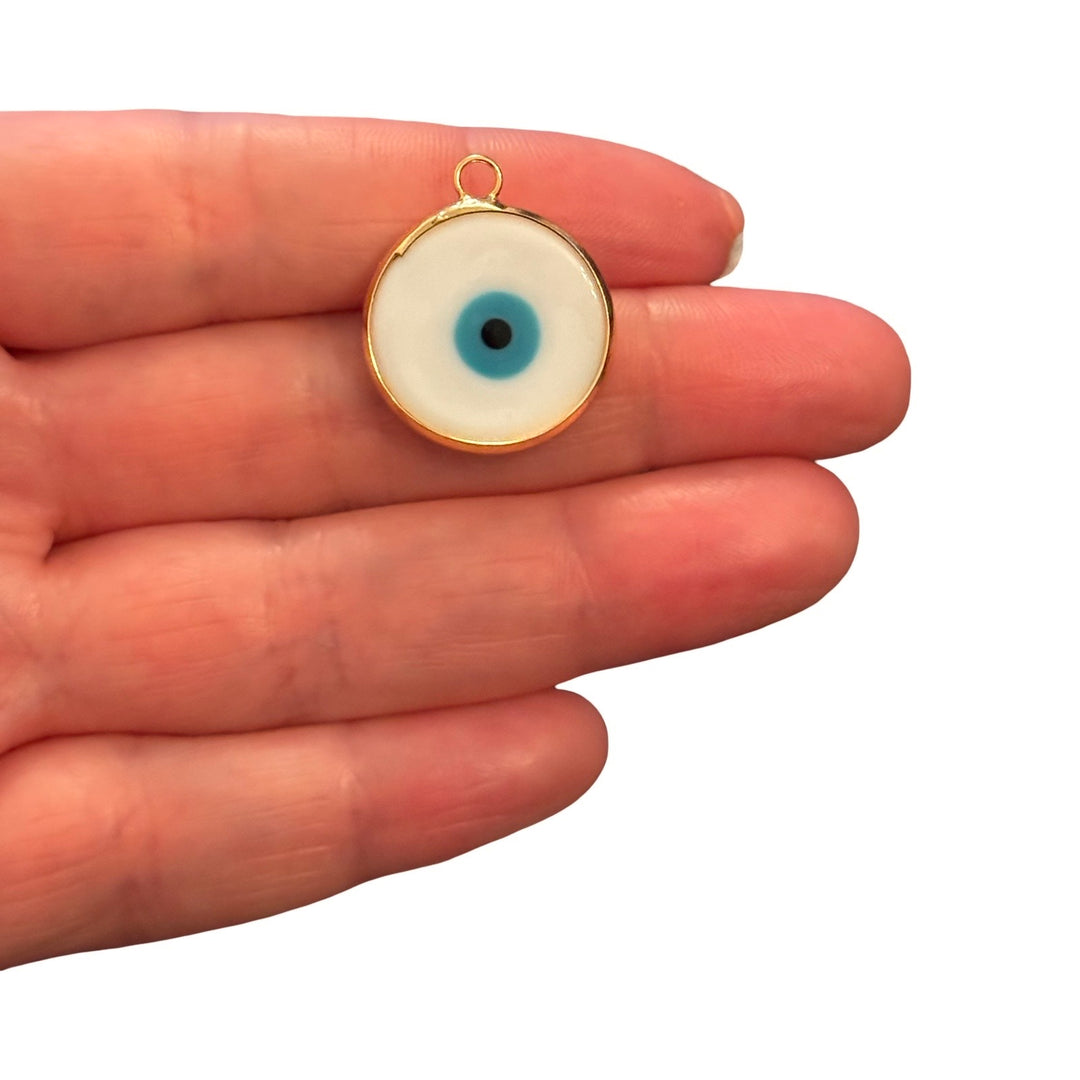 Handmade White Murano Glass Evil Eye Pendant – 24Kt Gold Plated Nazar Charm, Large Round Glass Pendant