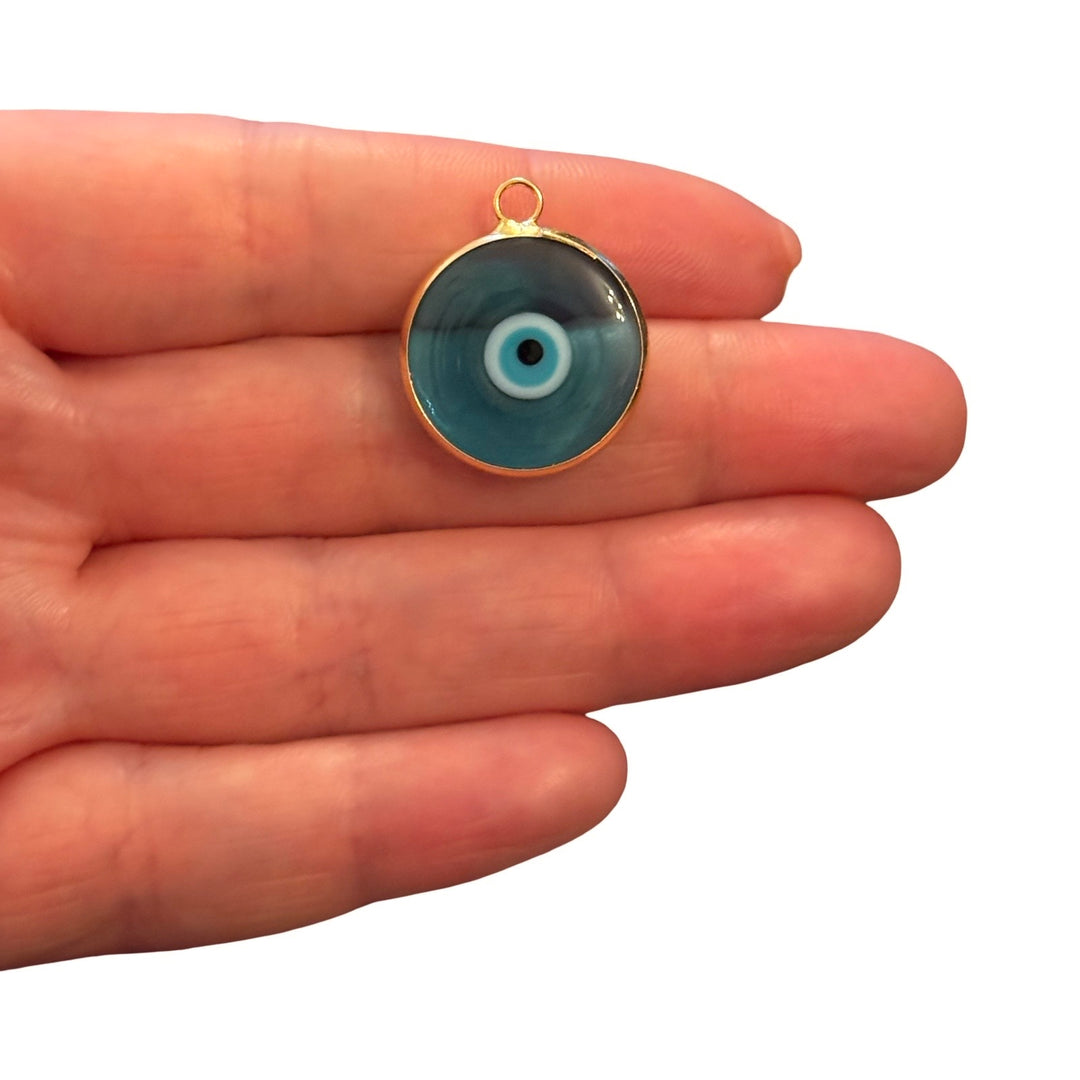 Handmade Transparent Blue Murano Glass Evil Eye Pendant – 24Kt Gold Plated Nazar Charm, Large Round Glass Pendant