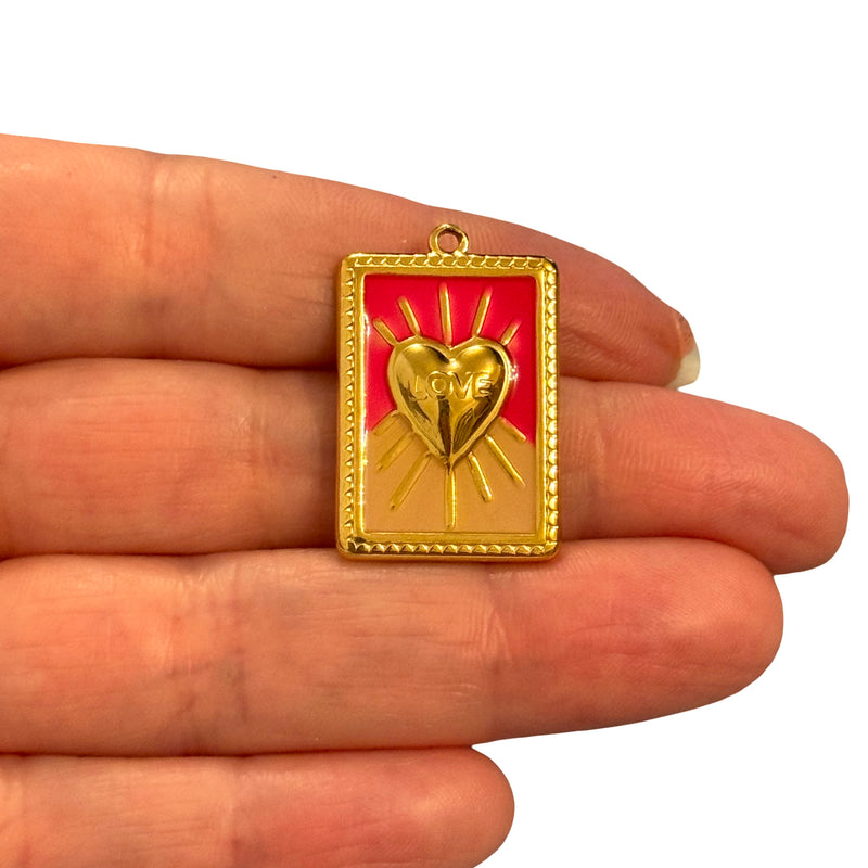 Waterproof Stainless Steel 24Kt Gold Plated LOVE Heart Red Enamel Pendant