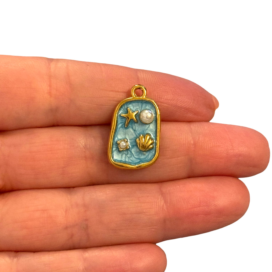 Waterproof Stainless Steel 24Kt Gold Plated Blue Enamel Sea Charm – Shell, Starfish &amp; Pearl