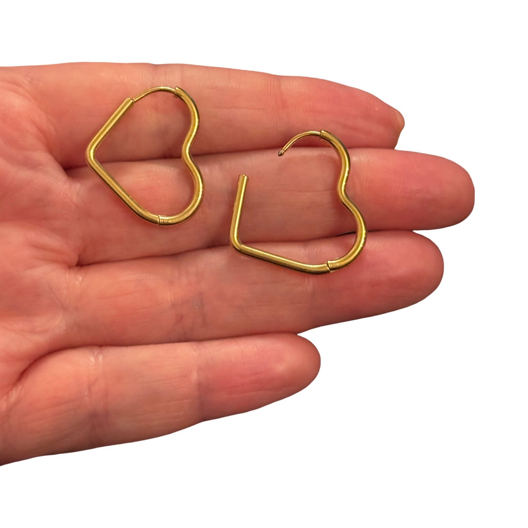 Waterproof 316L Stainless Steel PVD Gold Plated Heart Hoop Earrings – Tarnish Resistant Heart Shaped Hinged Hoops, Sold as Pair