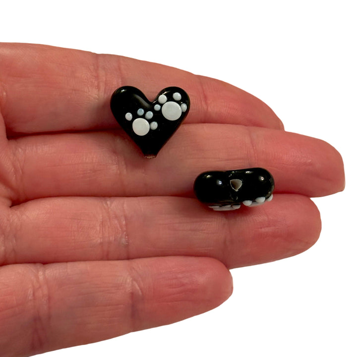 Murano Glass Paw Print Heart Charm – Handmade Black &amp; White Heart Lampwork Charm