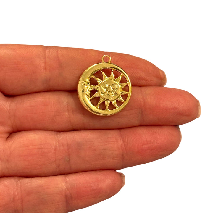 24Kt Gold Plated Sun &amp; Moon Pendant – Celestial Round Charm