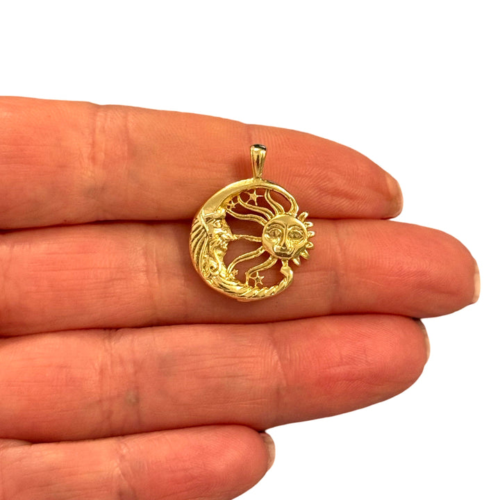 24Kt Gold Plated Sun &amp; Moon Filigree Pendant – Celestial Astrology Charm