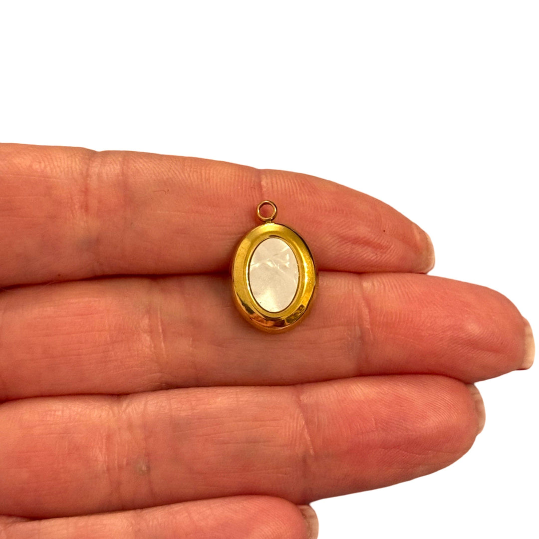 Waterproof Stainless Steel Oval Pendant – Gold &amp; Mother of Pearl