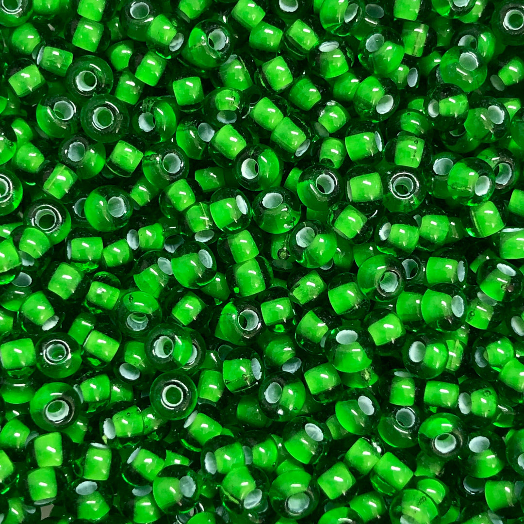 Preciosa Seed Beads 6/0 Rocailles-Round Hole-100 Gr,55126 Transparent Green, Colour Lined Chalkwhite