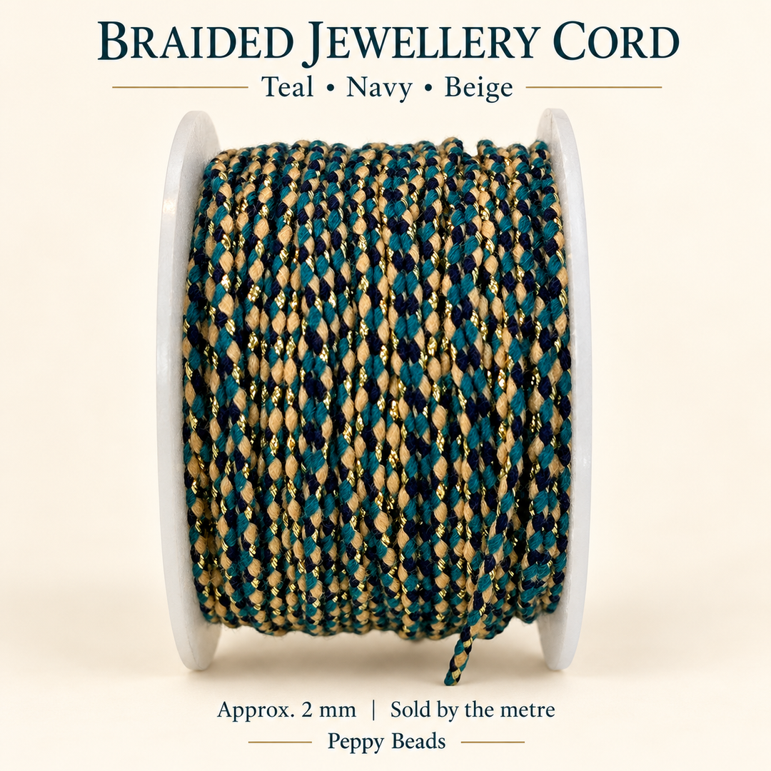 2mm Braided Jewellery Cord – Teal, Navy &amp; Beige with Metallic Gold Thread – Sold by the Metre
