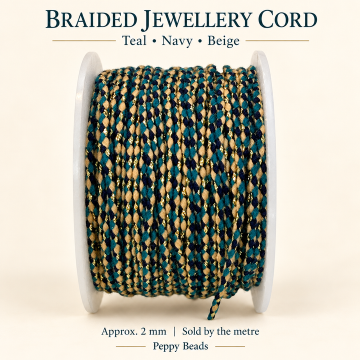 2mm Braided Jewellery Cord – Teal, Navy &amp; Beige with Metallic Gold Thread – Sold by the Metre