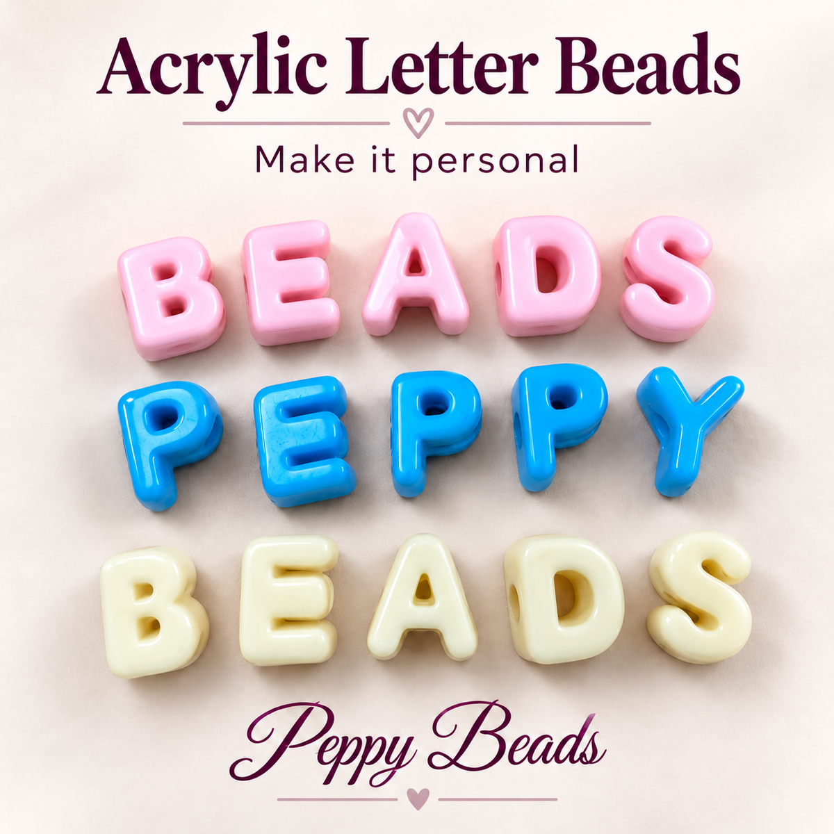 Cream acrylic letter beads 20mm in various colors showcasing customizable options for personal accessories.