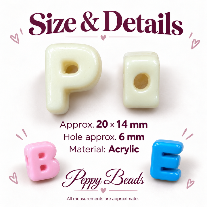 20mm blue acrylic letter beads for keyrings size and details with large 6mm holes displayed on a light background.