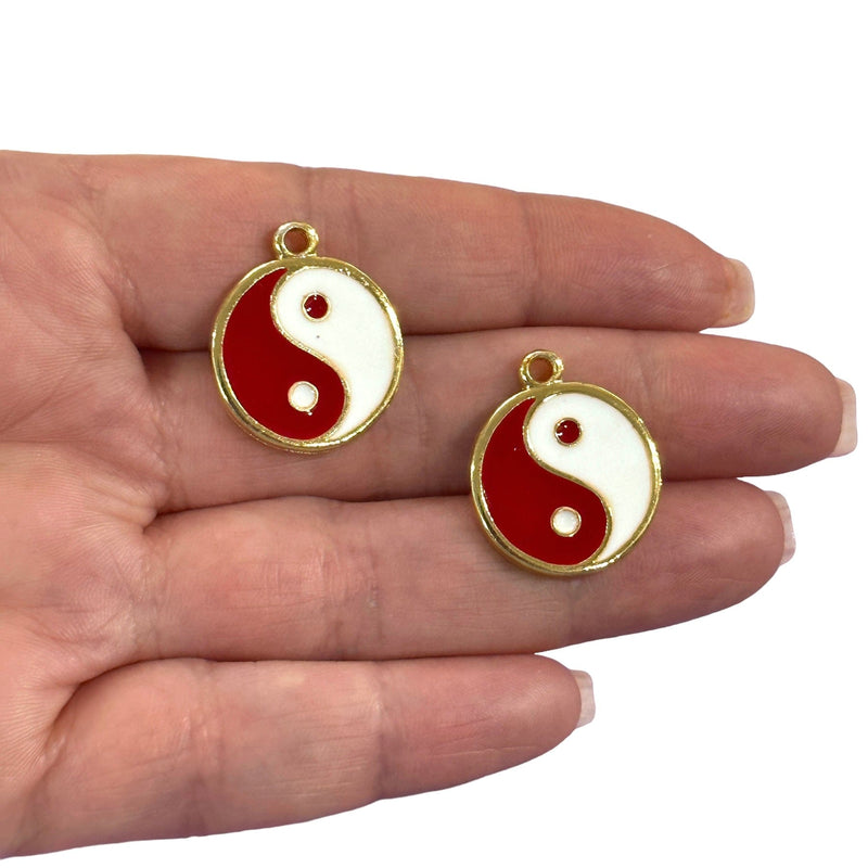 24Kt Gold Plated Red Enamelled Yin Yang Charms, 2 Pcs in a pack