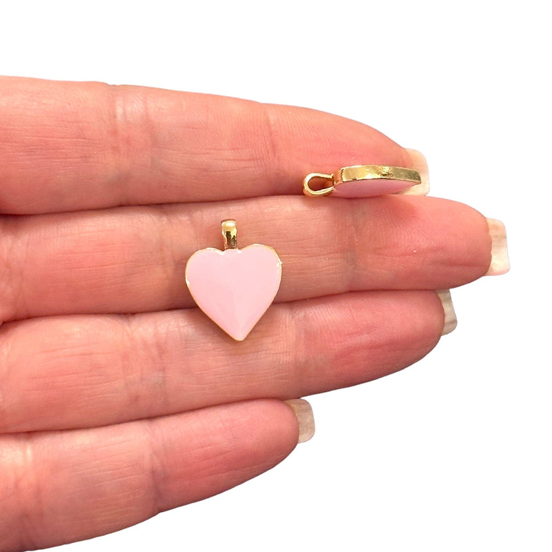 Breloques cœur en laiton émaillé rose double face plaqué or 24 carats, 2 pièces dans un paquet