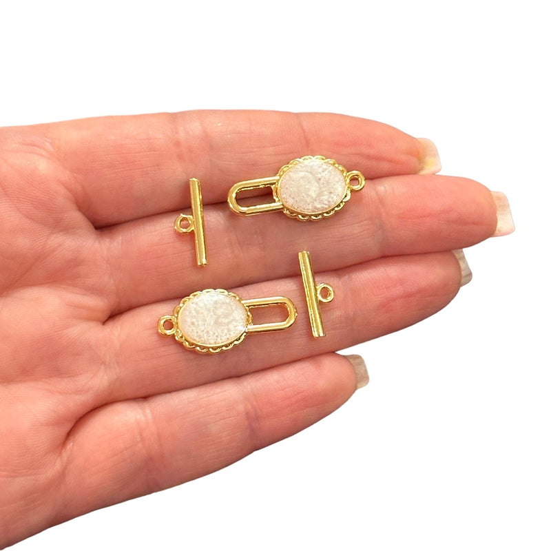 2 Sets 24Kt Shiny Gold Plated Ivory Enamelled Toggle Clasps,