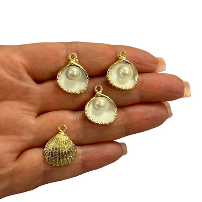24Kt Gold Plated White Enamelled Oyster Charms With Pearl, 4 pcs in a pack