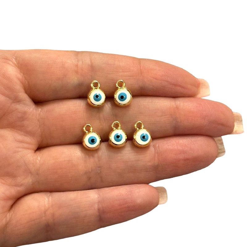 24Kt Gold Plated Double Side White Enamelled Evil Eye Charms, 5 pcs in a pack