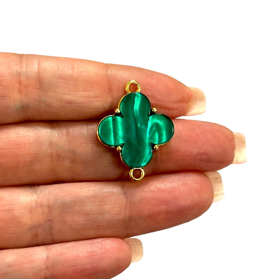 24Kt Gold Plated Brass&amp;Hand Made Resin Green Clover Double Loop Connector Charm