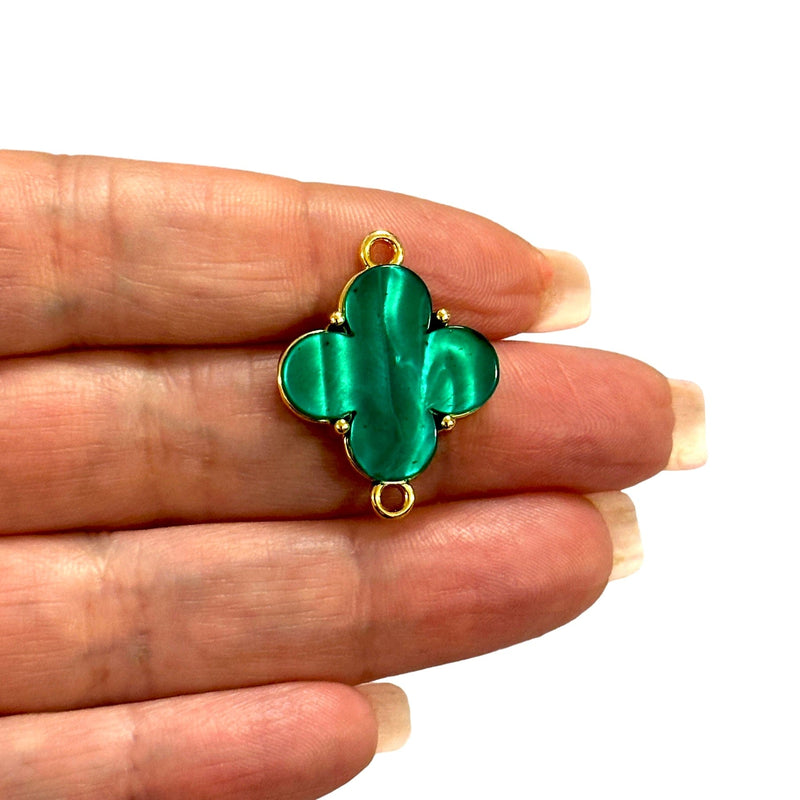 24Kt Gold Plated Brass&Hand Made Resin Green Clover Double Loop Connector Charm